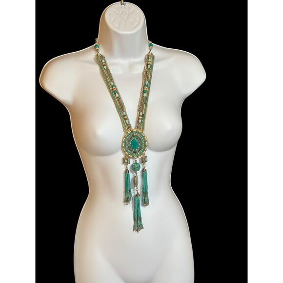 CHICO'S Boho Statement Necklace – Turquoise Fringe Tribal Beaded Medallion - Picture 2 of 13